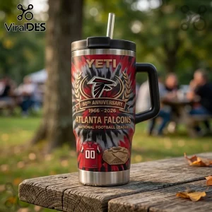 Atlanta Falcons 60th Anniversary YETI Tumbler 40oz featuring red and black tie-dye patterns and team branding on a table.