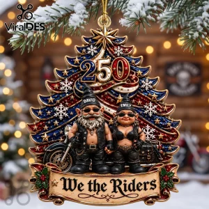 Personalized Biker Gnome Couple 250 Christmas Ornament with two gnomes in leather gear and sunglasses on a decorated tree.