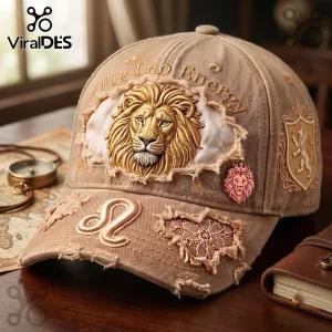 Leo Zodiac Khaki Distressed Baseball Cap featuring an embroidered lion head, text, and zodiac symbol on a worn fabric.