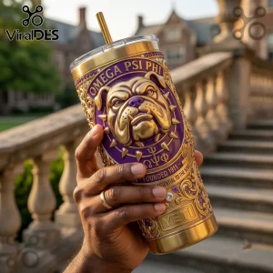 Omega Psi Phi Violet and Gold Bulldog YETI handle tumbler featuring raised 3D emblem and text against blurred campus stairs.
