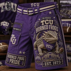 Texas Christian University Horned Frogs purple casual shorts featuring a large horned frog graphic and stadium imagery.