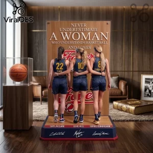 Indiana Fever Caitlin Clark Lexie Hull Acrylic Plaque showing three basketball players on a wooden display stand.