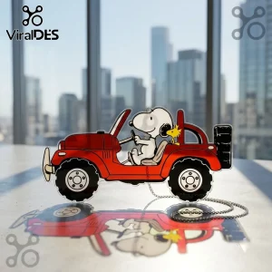 Snoopy and Woodstock Driving Car Acrylic Plaque featuring the cartoon characters in a red vehicle against a city backdrop.