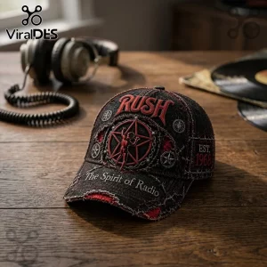 Rush 1968 Starman Black Distressed Baseball Cap featuring a red Starman logo, chain detail, and frayed fabric finish.