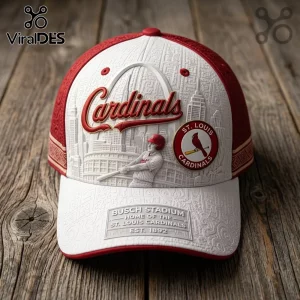 St. Louis Cardinals Busch Stadium baseball cap in red and white with embossed city skyline, team logo, and batter graphic.
