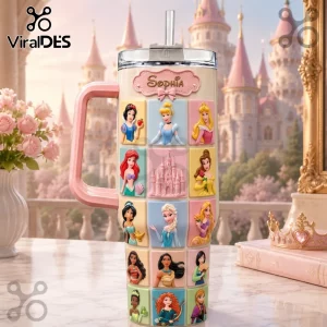 Sophia Magic Princess Limited Edition 40oz Tumbler with a grid of illustrated fairy tale characters and a soft pink handle.