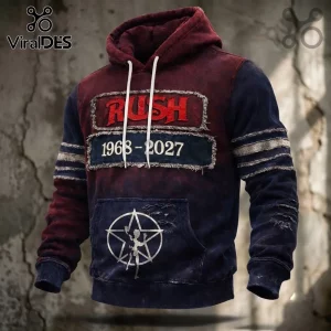 Rush 1968-2027 Starman Pullover Hoodie featuring distressed red and navy fabric, white drawstrings, and a Starman emblem.