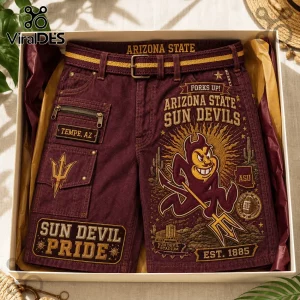 Arizona State Sun Devils Casual Shorts in maroon with yellow belt, featuring Sparky mascot graphic and Sun Devil Pride text.