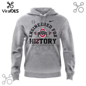 Ohio State Buckeyes Engineered For History Grey Hoodie with playoff graphics, black lettering, and red team branding.