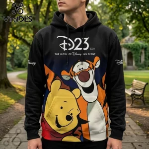 Disney x Winnie the Pooh D23 2026 black hoodie featuring Tigger and Pooh Bear graphics on the front with drawstrings.