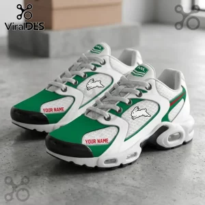South Sydney Rabbitohs Green White Air Max Plus Sneakers featuring team rabbit logo, custom name text, and mesh panels.