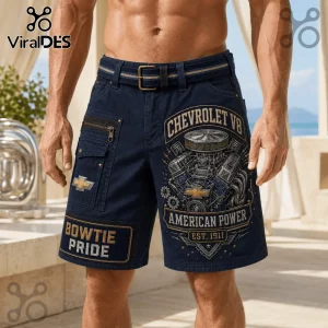 Chevrolet Bowtie Pride Vintage Engine Utility Shorts featuring a navy blue design with a V8 engine graphic and patches.