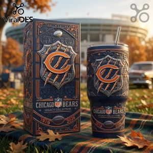 Chicago Bears Legacy Collection 40oz Stanley Tumbler with navy and orange team graphics next to a matching gift box.
