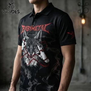 Babymetal World Tour 2026 Wolf Logo Polo Shirt featuring a black fabric with a red wolf graphic and metallic text.