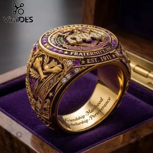 Omega Psi Phi 1911 EST Fraternity Ring featuring gold metal, purple enamel, and inset clear and purple gemstones in a box.