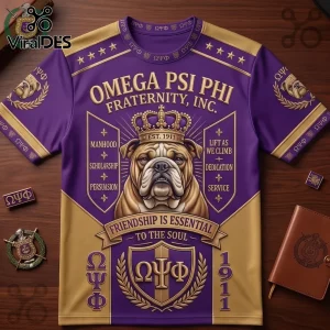 Omega Psi Phi Fraternity Bulldog Purple Gold T-Shirt featuring a crowned bulldog, cardinal principles, and 1911 branding.