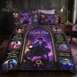 Prince Purple Rain Glow Duvet Bedding Set featuring iconic Prince imagery, motorcycle scenes, and song lyrics in deep purple.