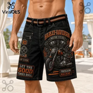 Harley-Davidson Vintage Motorcycle Black Denim Shorts with orange flame graphics, HD logos, and custom embroidered text.