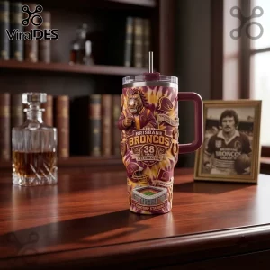 Brisbane Broncos 38th Anniversary YETI Stanley Tumbler with mascot graphics, stadium imagery, and maroon and gold colors.