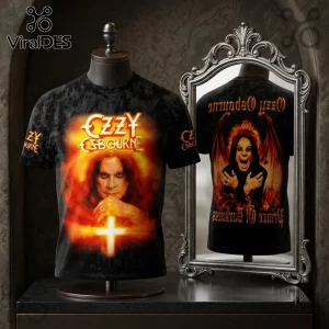 Ozzy Osbourne Prince of Darkness Black Shirt 2026 featuring a flaming portrait of Ozzy and a glowing cross on black fabric.