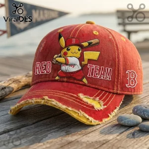 Boston Red Sox Pikachu Distressed Baseball Cap in red fabric with embroidered character and white lettering on a wood dock.