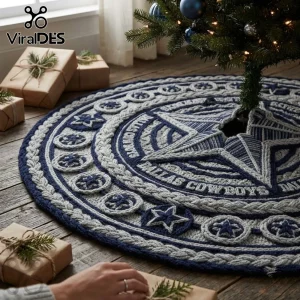 Dallas Cowboys Knitted Christmas Tree Skirt 2026 featuring a large navy and grey star design on a wooden floor.