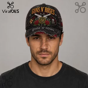 Guns N' Roses Vintage Distressed Embroidered Baseball Cap featuring dual silver pistols, red roses, and band logos.