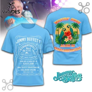 Jimmy Buffett Son of a Sailor blue t-shirt displaying a vintage rum label graphic and a tropical parrot print back.