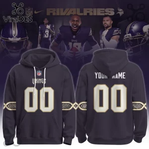 Minnesota Vikings Rivalries Custom Name Hoodie in dark gray with white jersey numbers and team-inspired celtic arm bands.