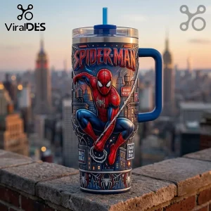Spider-Man Daily Bugle stainless steel tumbler with handle featuring a graphic of the hero against a city skyline.