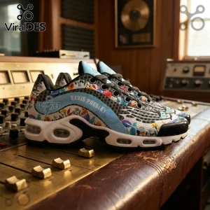 Elvis Presley Lightweight Casual Air Max Plus featuring floral patterns, TCB logo, and light blue accents on a studio desk.