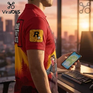 Grand Theft Auto VI Red Premium Polo Shirt featuring a Rockstar Games logo patch, scenic character art, and urban motifs.