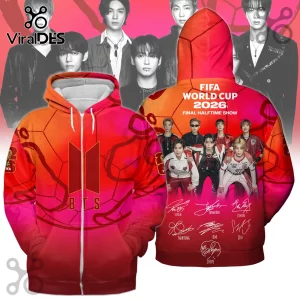 BTS FIFA World Cup 2026 Pullover Hoodie featuring group portraits, autographs, and a red soccer-themed gradient background.