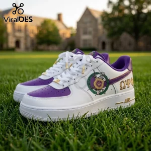 Custom Omega Psi Phi Purple Air Force 1 Sneakers featuring white leather, purple accents, and fraternity crest branding.