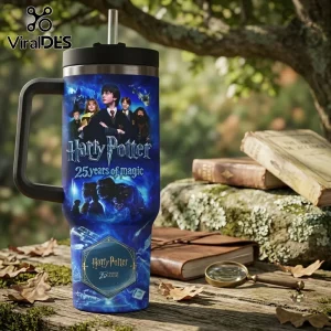 Personalized Harry Potter 25th Anniversary 40oz Tumbler with blue graphics featuring film characters and a metal straw.