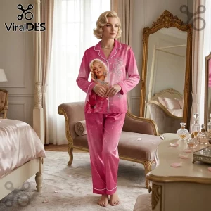 Marilyn Monroe 100th Anniversary Pink Satin Pajama Set featuring a portrait of the icon on a silk-finish fabric.