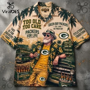 Green Bay Packers Football Mascot Hawaiian Shirt with a graphic of an elderly man holding a beer against a tropical background.