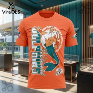Disney King Triton x Miami Dolphins orange shirt featuring King Triton with a trident and Dolphins team logo branding.
