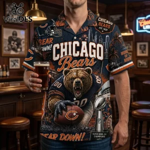 Chicago Bears 1985 Champions Hawaiian shirt featuring a grizzly bear, Super Bowl trophy, and navy blue city skyline print.