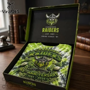 Canberra Raiders 45th Anniversary tie dye shirt inside a branded presentation box with team logo and green graphics.