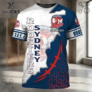 Sydney Roosters NRL Navy White Shirt featuring split design, team logo, and vertical text against a locker room background.