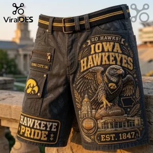 Iowa Hawkeyes Kinnick Stadium casual shorts in black with gold hawk graphics, stadium imagery, and cargo pockets.