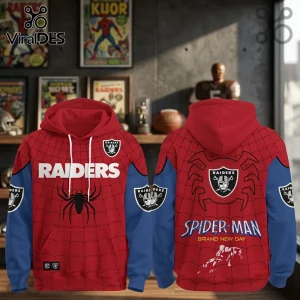 Las Vegas Raiders x Spider-Man Brand New Day Hoodie showing front and back views with red, blue, and spider-web patterns.
