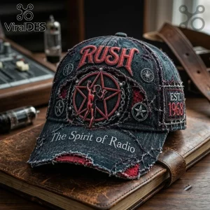 Rush 1968 Starman black distressed baseball cap with red embroidered Starman logo, band name, and stitched fabric patches.