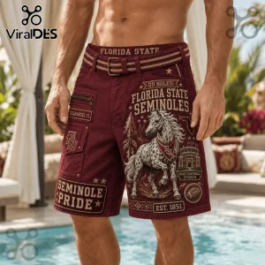 Florida State Seminoles Maroon Cargo Shorts featuring a horse graphic, Doak Campbell Stadium print, and Seminole Pride text.