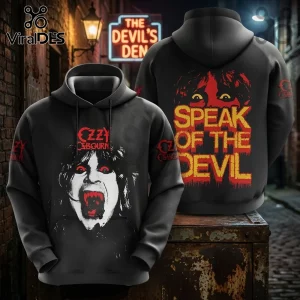 Ozzy Osbourne Speak of the Devil black hoodie featuring front and back graphic prints of the album cover art in red and yellow.