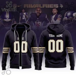 Minnesota Vikings Rivalries Custom Name Hoodie in dark purple with white number graphics, front and back views.