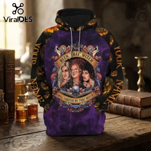 Hocus Pocus Sanderson Sisters purple hoodie featuring a graphic print of the three witches with pumpkins and spellbook.