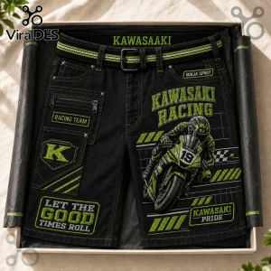 Kawasaki Racing Team Black Cargo Shorts featuring lime green stitching, motorcycle graphics, and heavy-duty utility pockets.