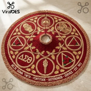 Delta Sigma Theta Velvet Christmas Tree Skirt in red with gold embroidery, crest, torch, and elephant circular emblems.
